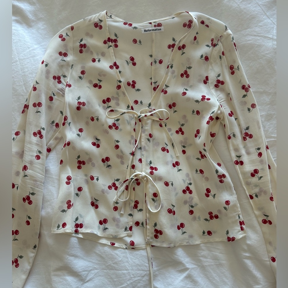 Reformation Cherry Print Tie-Front Blouse - Cream and Red
